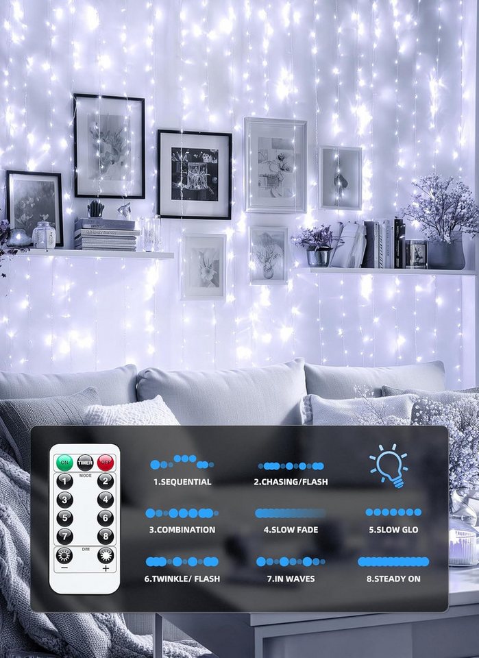 Athlix LED-Lichtervorhang LED Vorhang Lichterkette wasserdicht Weihnachten Fernbedienung, 3m breit - bis zu 3m lang, Innen und Außen – Bild 4 von 5