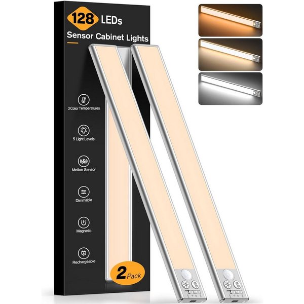 Athlix LED Unterbauleuchte 2er Unterbauleuchte Schrankbeleuchtung Kabellos mit Bewegungsmelder, LED fest integriert, 2 Stück - Warmweiß, Kaltweiß, Neutralweiß