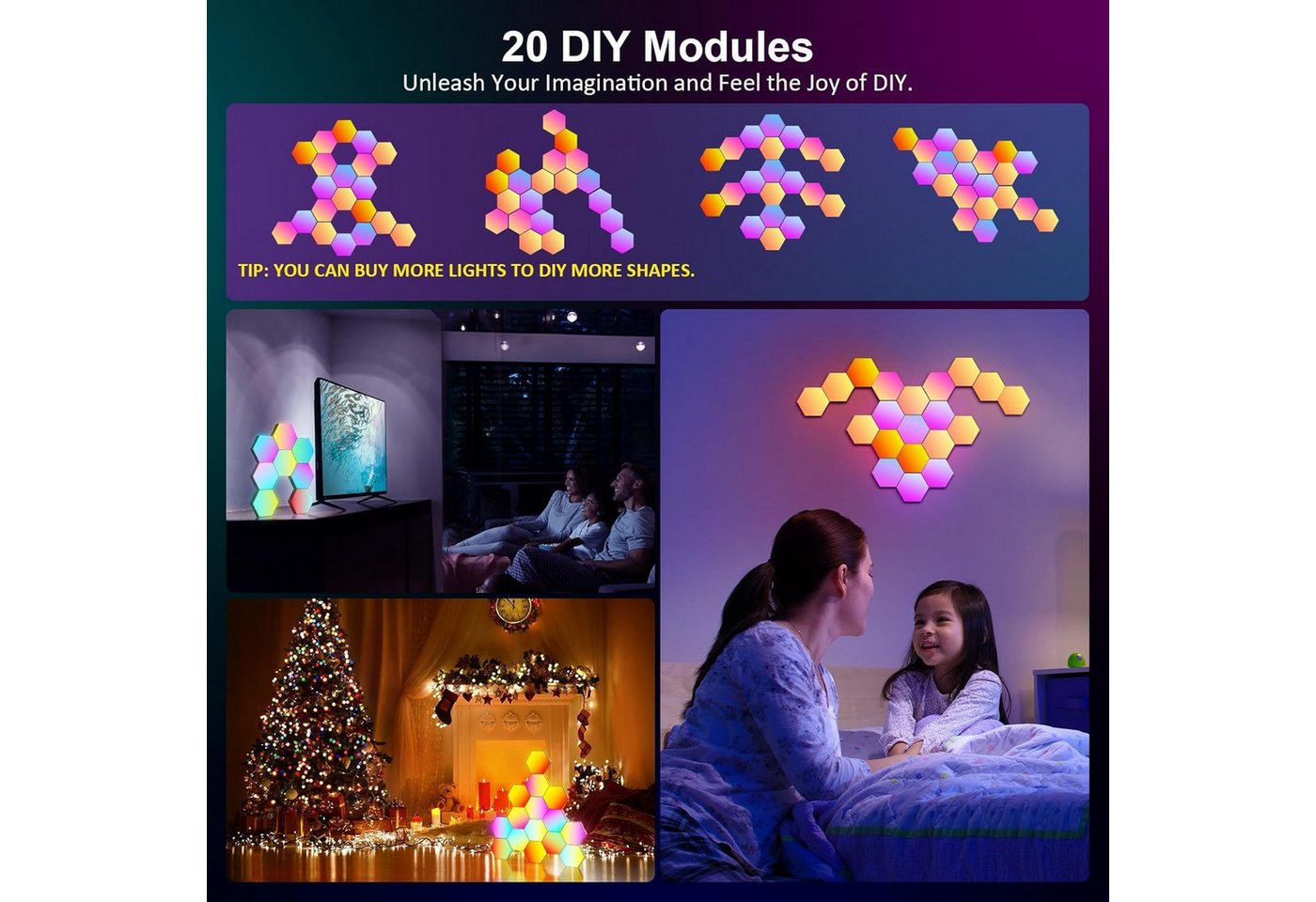 Athlix LED Wandleuchte LED Hexagon Panel Sechseck Wandbeleuchtung RGB Bluetooth, LED fest integriert, Musiksynchronisation, App & Fernbedienung – Bild 3 von 5