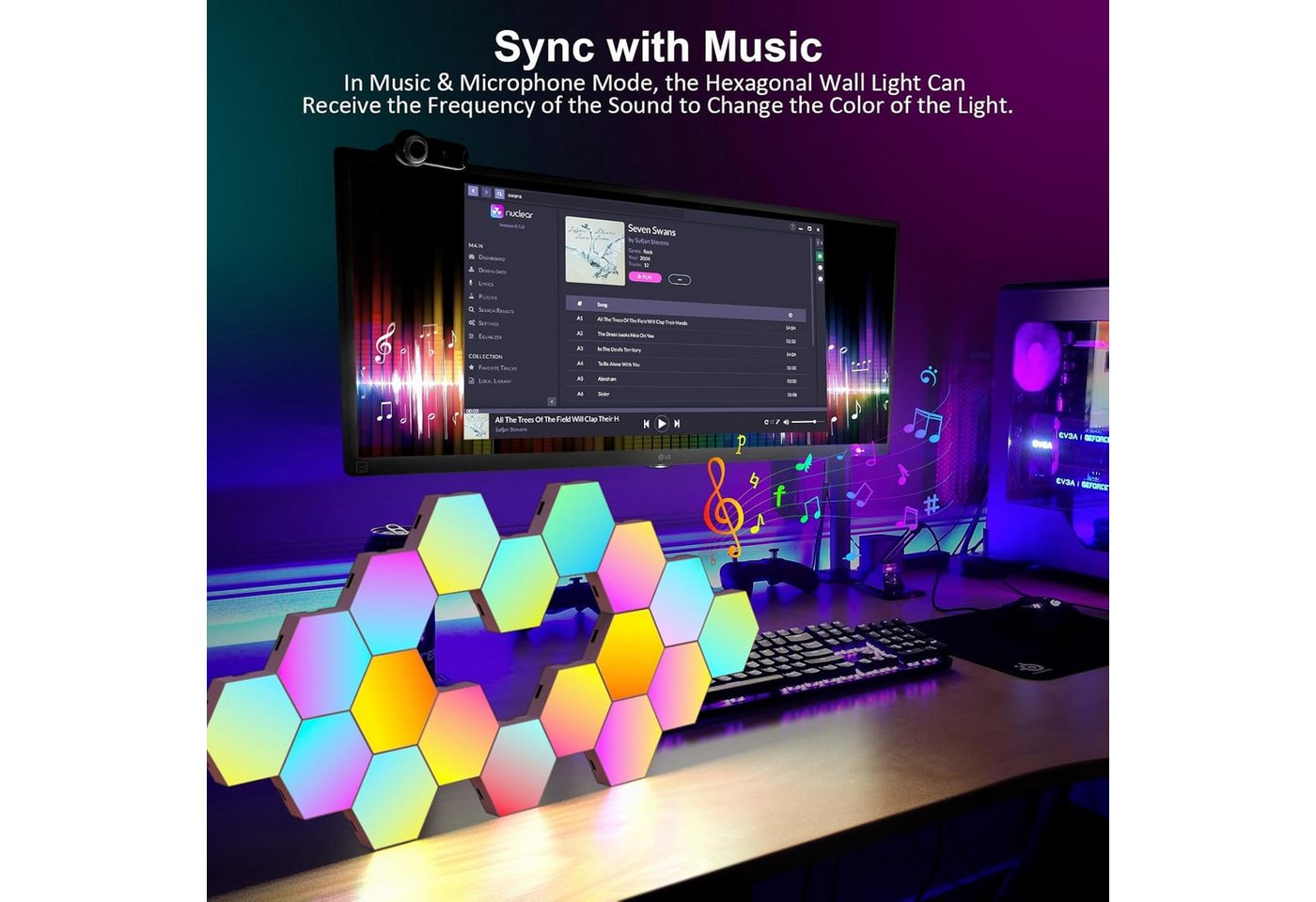 Athlix LED Wandleuchte LED Hexagon Panel Sechseck Wandbeleuchtung RGB Bluetooth, LED fest integriert, Musiksynchronisation, App & Fernbedienung – Bild 4 von 5