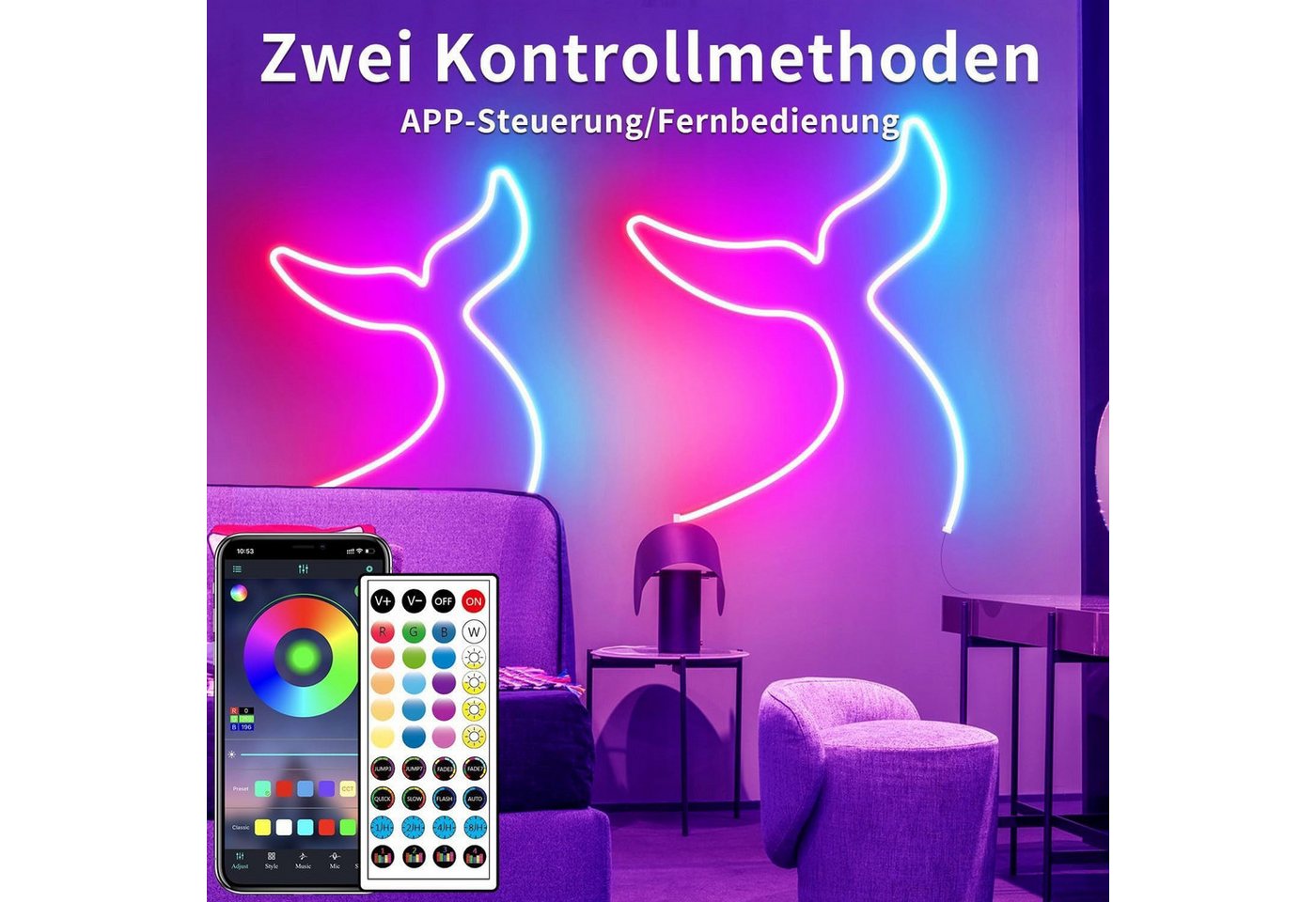Athlix Lichterkette LED Lichtleiste LED Strip, Bluetooth Lichterkette mit Fernbedienung, LED fest integriert, IP65 wasserdicht, Schneidbar, 360° biegbar, 24V – Bild 2 von 5