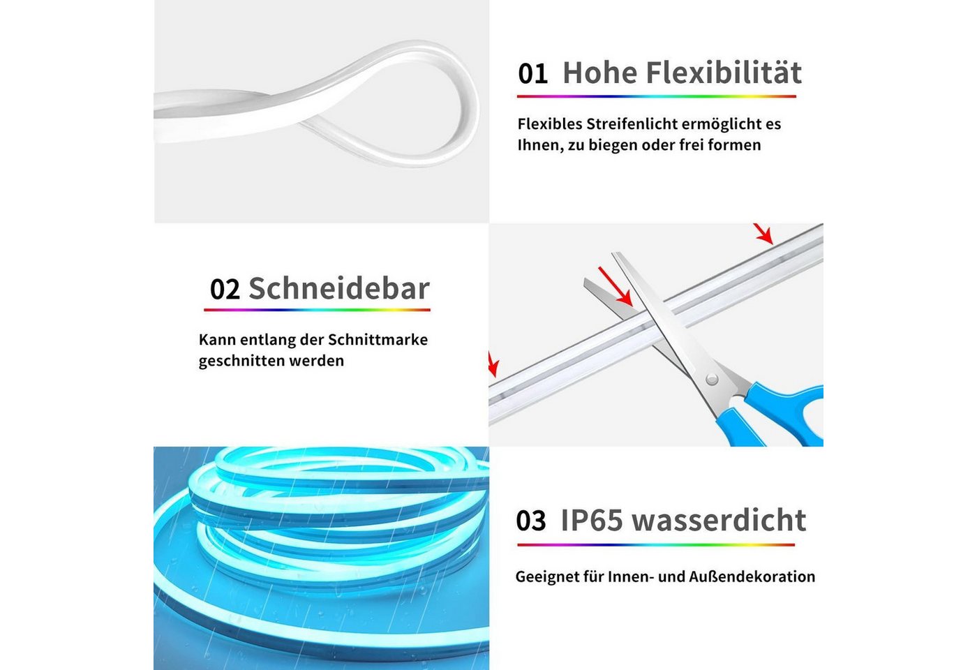 Athlix Lichterkette LED Lichtleiste LED Strip, Bluetooth Lichterkette mit Fernbedienung, LED fest integriert, IP65 wasserdicht, Schneidbar, 360° biegbar, 24V – Bild 4 von 5
