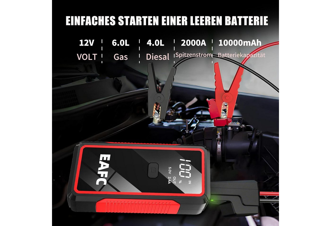 Athlix Starthilfe Powerbank 12V Auto Batterie Booster - Tragbarer Starter PKW Starthilfegerät 10000 mAh (12 V), 2000 A Spitzenstrom, 8-facher Sicherheitsschutz, – Bild 3 von 5