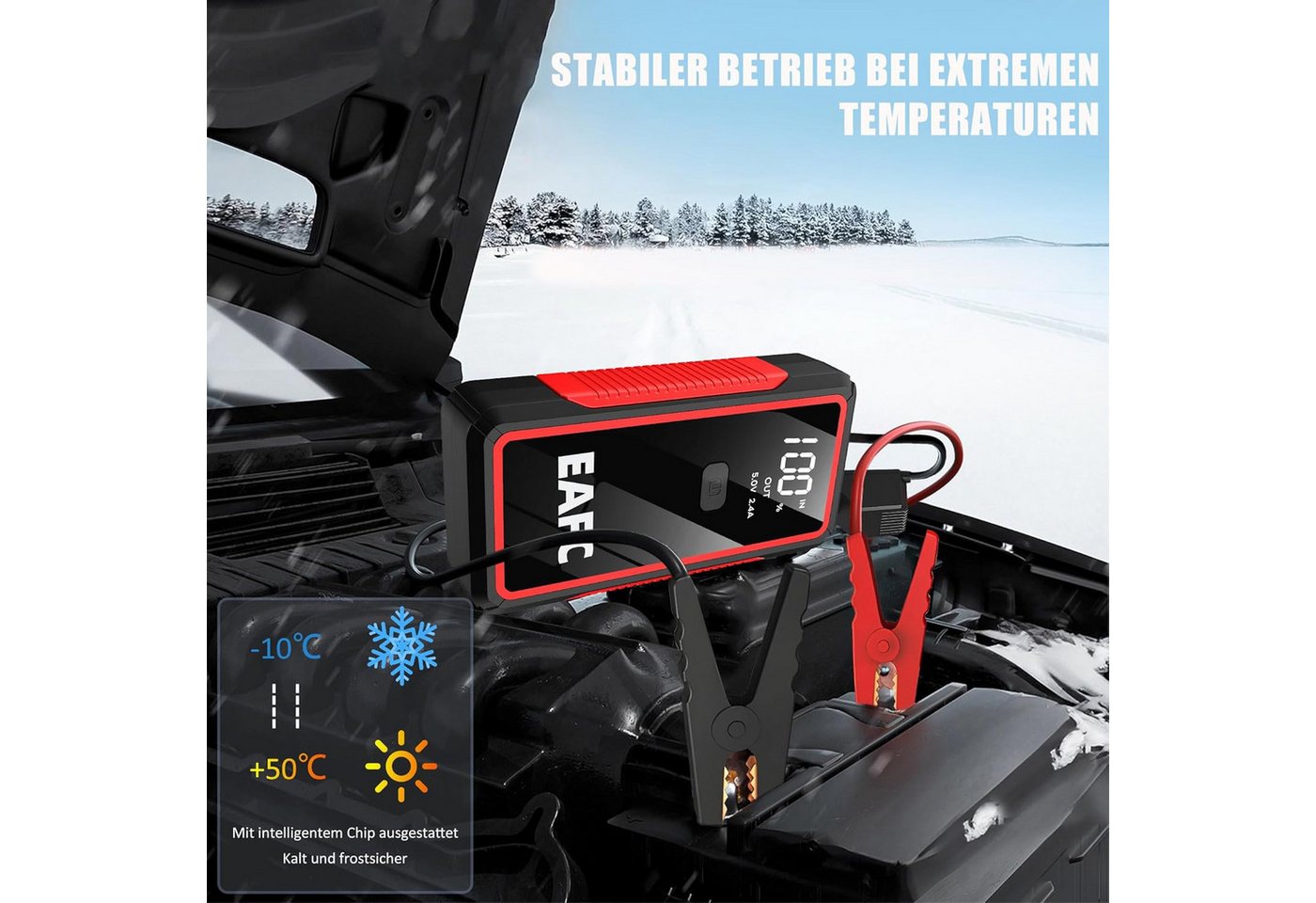 Athlix Starthilfe Powerbank 12V Auto Batterie Booster - Tragbarer Starter PKW Starthilfegerät 10000 mAh (12 V), 2000 A Spitzenstrom, 8-facher Sicherheitsschutz, – Bild 4 von 5