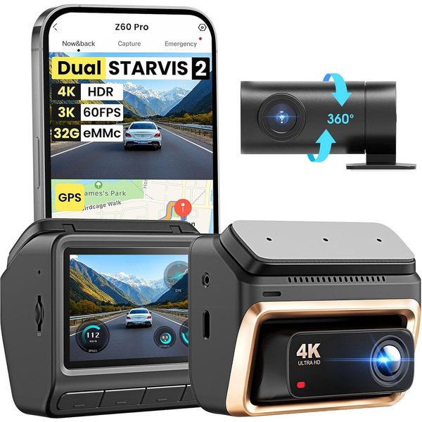 Athlix Z60 Pro 4K Dashcam mit Front- und Rückkamera, Dual-Kamera Dashcam (4K, 4G, 4K 60FPS HDR, Nachtsicht, WLAN, GPS)