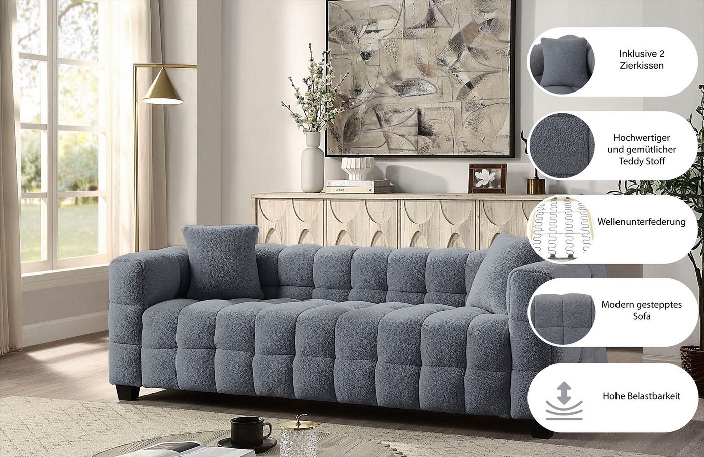 ATLANTIC home collection 3-Sitzer Stella Design-Sofa mit Steppung, Bubble-Optik, B: 206cm, inkl. 2 Zierkissen und mit modernem Teddy Stoff – Bild 3 von 5