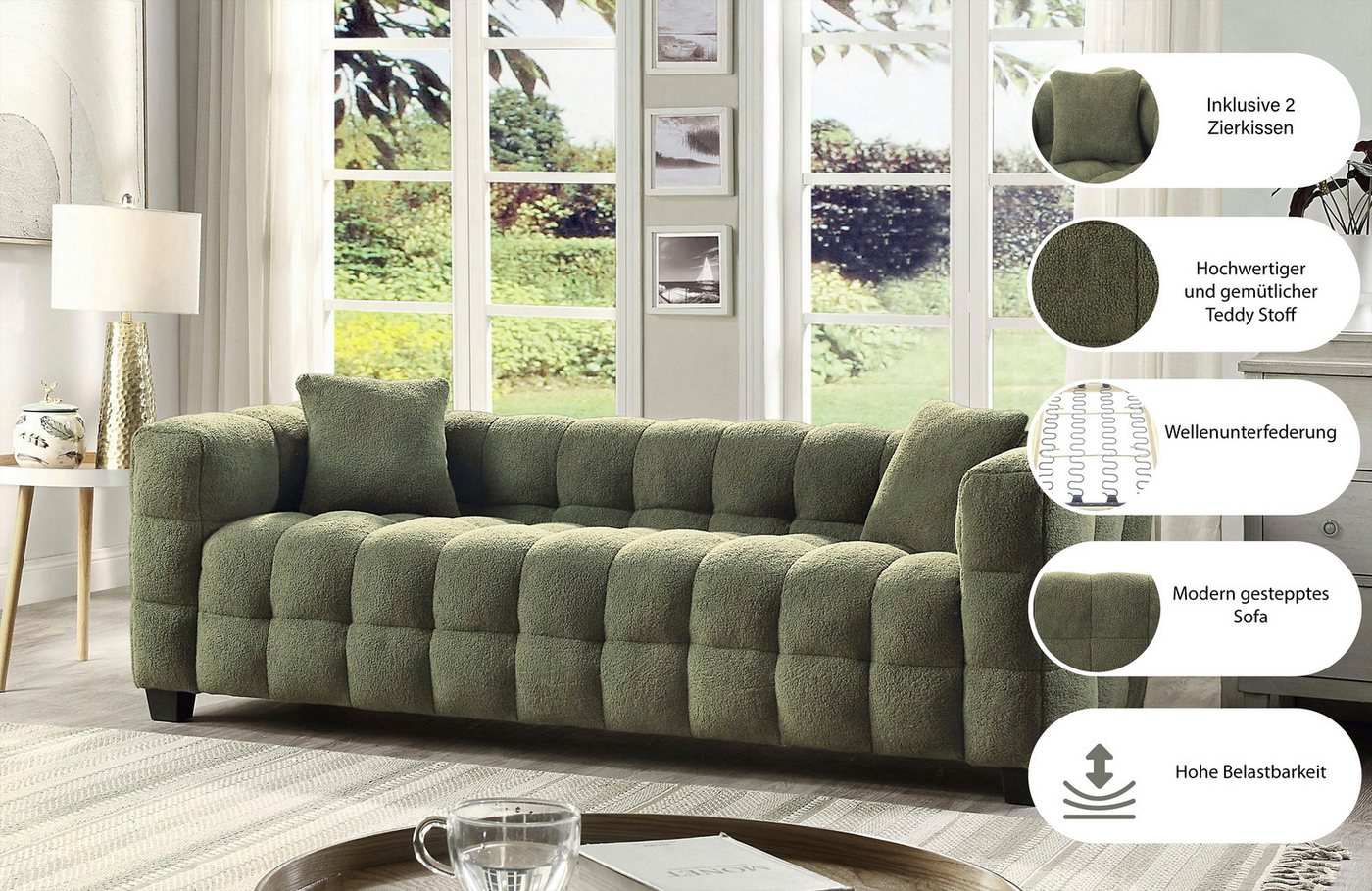 ATLANTIC home collection 3-Sitzer Stella Design-Sofa mit Steppung, Bubble-Optik, B: 206cm, inkl. 2 Zierkissen und mit modernem Teddy Stoff – Bild 3 von 5