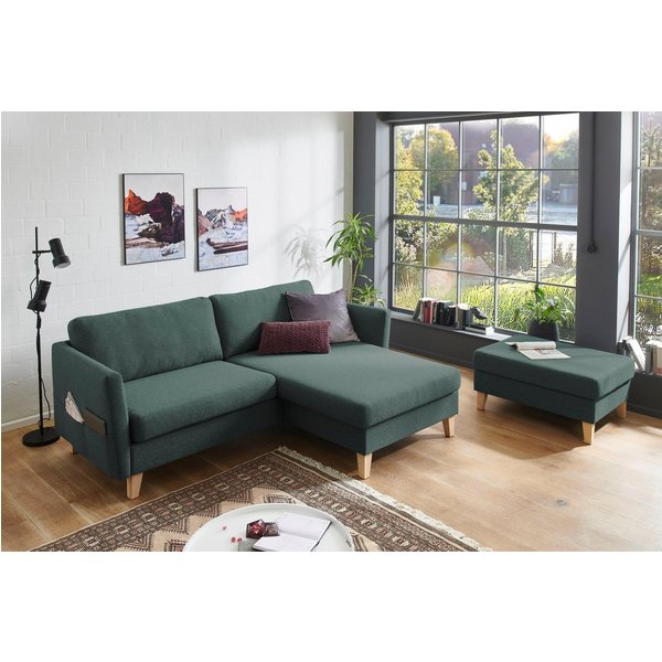 ATLANTIC home collection Ecksofa Mailo L-Form, B:204cm, für kleine Räume, mit Seitentaschen, Recamiere beidseitig montierbar, Massivholzfüße