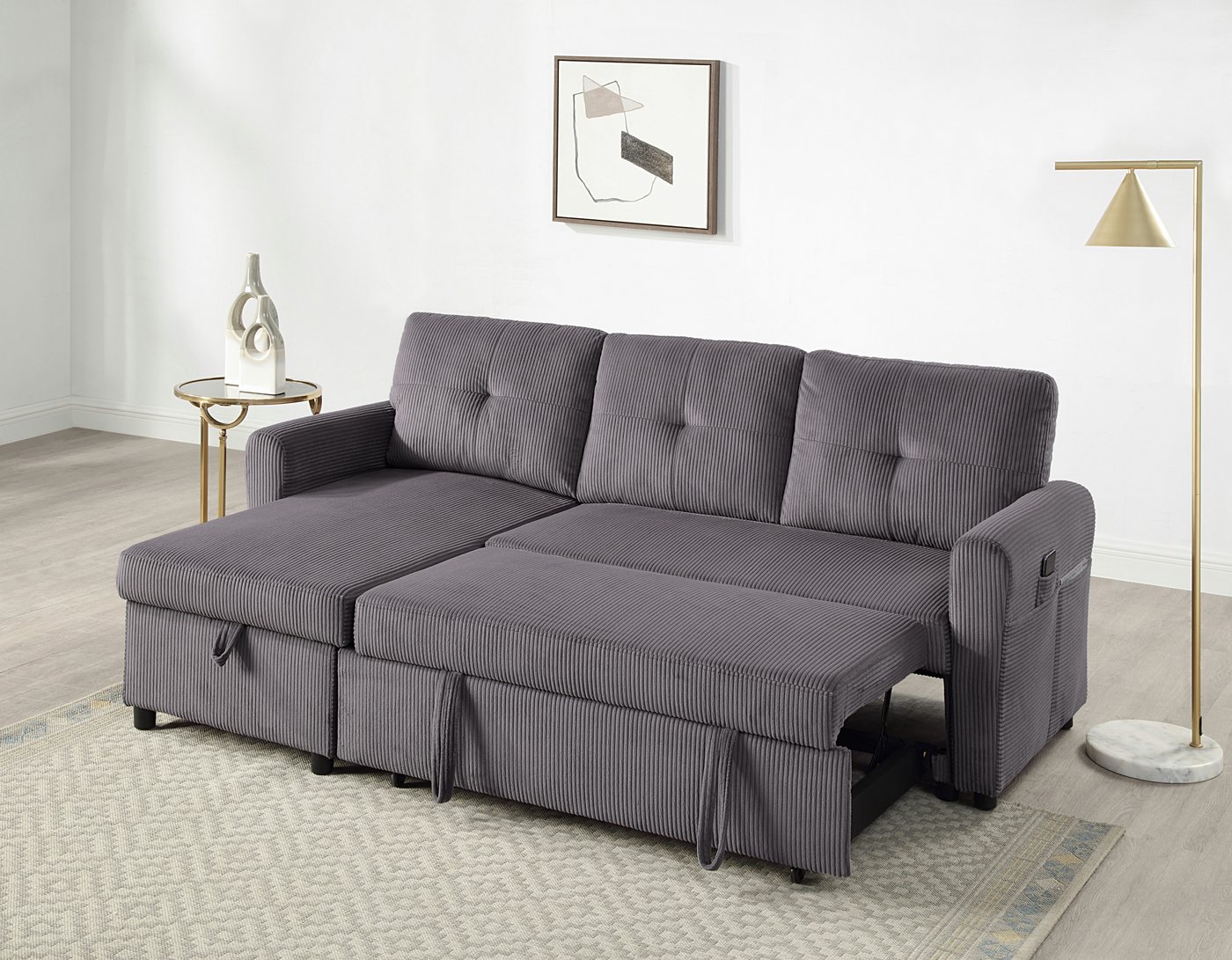 ATLANTIC home collection Schlafsofa Gustavo L-Form, B: 199 cm, in Cord oder Struktur, mit Schlaffunktion, Bettkasten & seitlichen Taschen – Bild 2 von 5