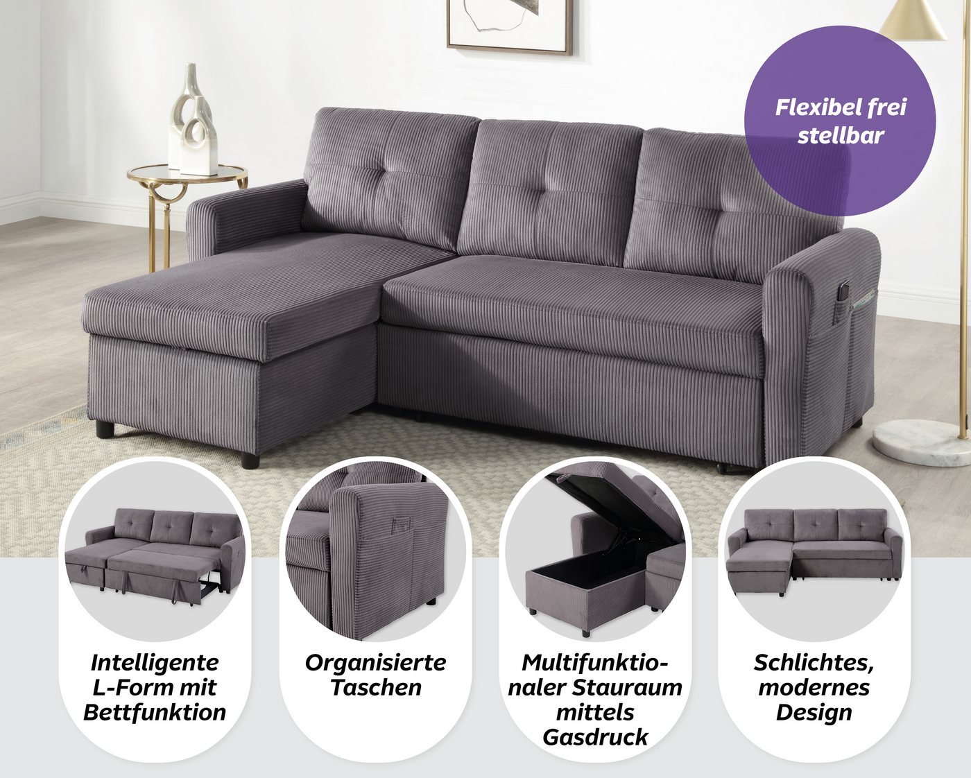 ATLANTIC home collection Schlafsofa Gustavo L-Form, B: 199 cm, in Cord oder Struktur, mit Schlaffunktion, Bettkasten & seitlichen Taschen – Bild 4 von 5