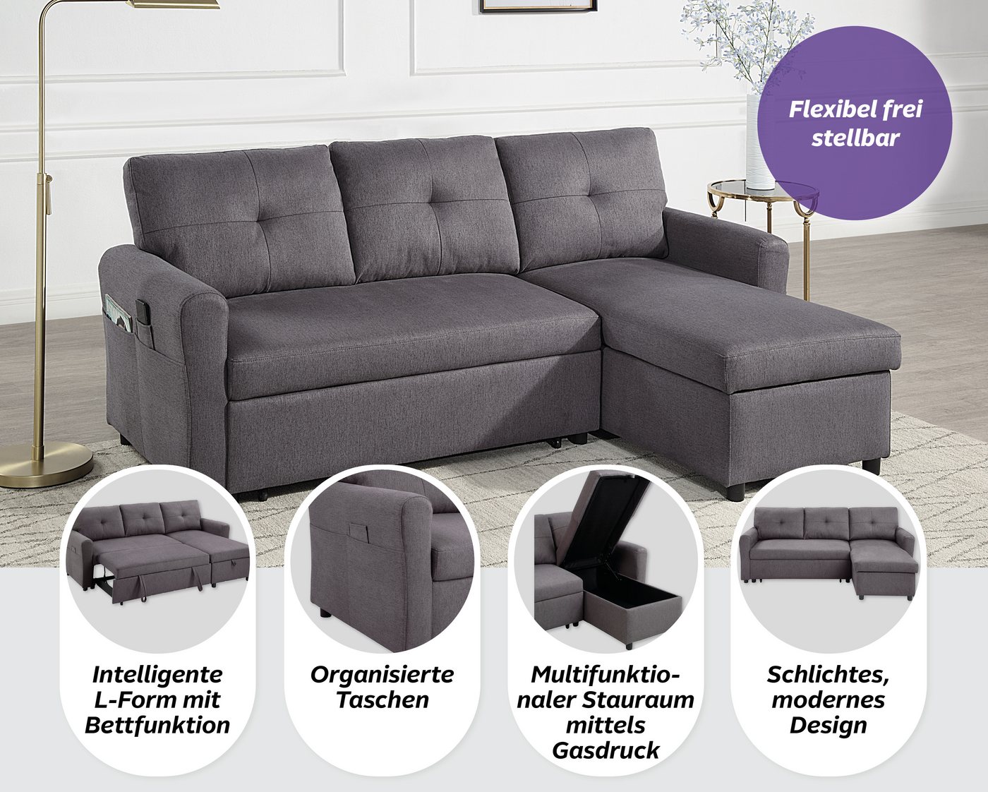 ATLANTIC home collection Schlafsofa Gustavo L-Form, B: 199 cm, in Cord oder Struktur, mit Schlaffunktion, Bettkasten & seitlichen Taschen – Bild 4 von 5