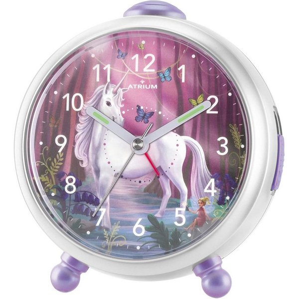 Atrium Kinderwecker A932-0 Miraluna Analog Quarz leise Licht Snooze Mädchen Einhorn Lila Geschenk Ø10,5cm