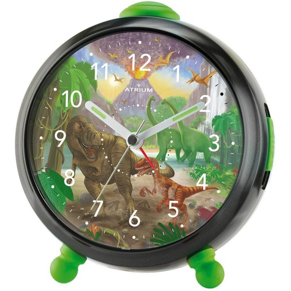 Atrium Kinderwecker A932-4 T-Rex Time Analog Quarz leise Licht Snooze Jungen Dino Schwarz Geschenk Ø10,5cm