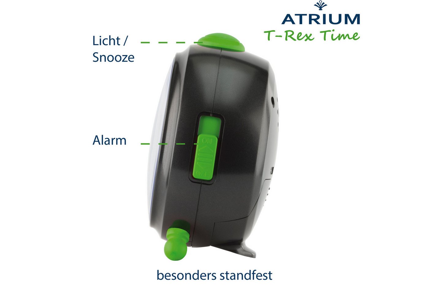 Atrium Kinderwecker A932-4 T-Rex Time Analog Quarz leise Licht Snooze Jungen Dino Schwarz Geschenk Ø10,5cm – Bild 2 von 5