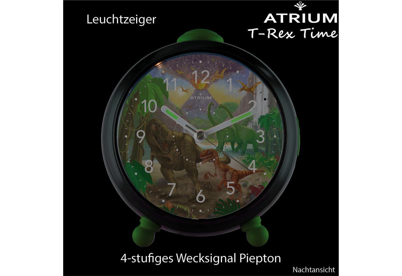 Atrium Kinderwecker A932-4 T-Rex Time Analog Quarz leise Licht Snooze Jungen Dino Schwarz Geschenk Ø10,5cm – Bild 5 von 5