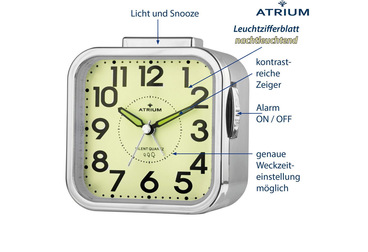 Atrium Quarzwecker A530 Glockensignal, leise, mit Snooze und Licht 9,5cm – Bild 3 von 5