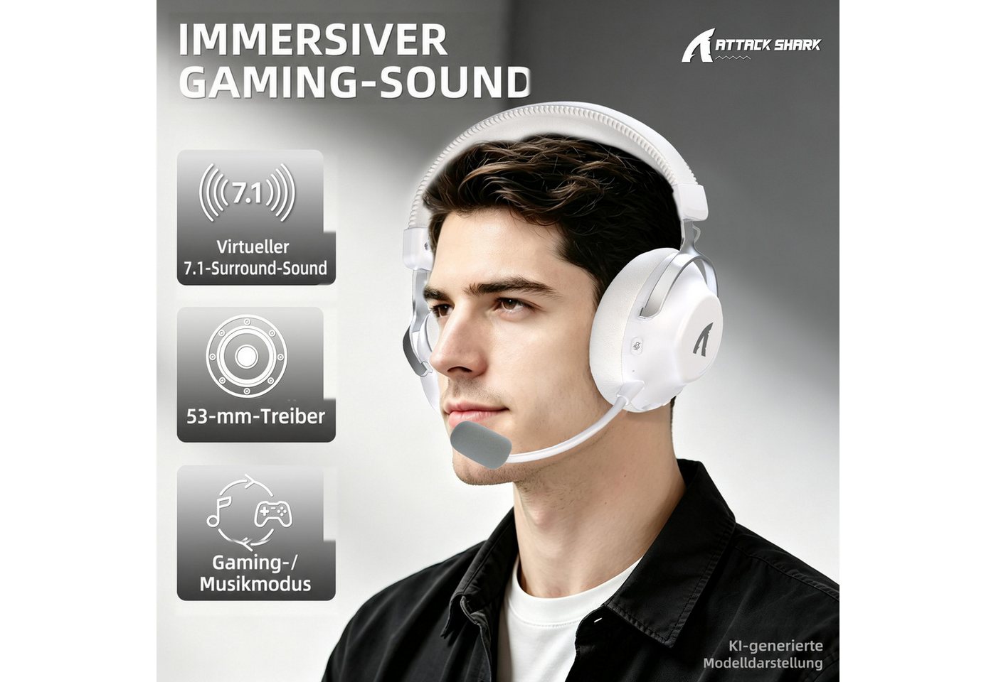 ATTACK SHARK L50PRO Kabelloses Gaming-Headset, 7.1, 53-mm-Treiber, KI-Mikrofon Gaming-Headset (Bluetooth, EQ,abnehmbares Mikrofon mit Rauschunterdrückung,integr – Bild 3 von 5
