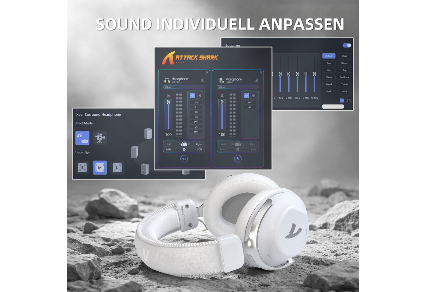 ATTACK SHARK L50PRO Kabelloses Gaming-Headset, 7.1, 53-mm-Treiber, KI-Mikrofon Gaming-Headset (Bluetooth, EQ,abnehmbares Mikrofon mit Rauschunterdrückung,integr – Bild 5 von 5