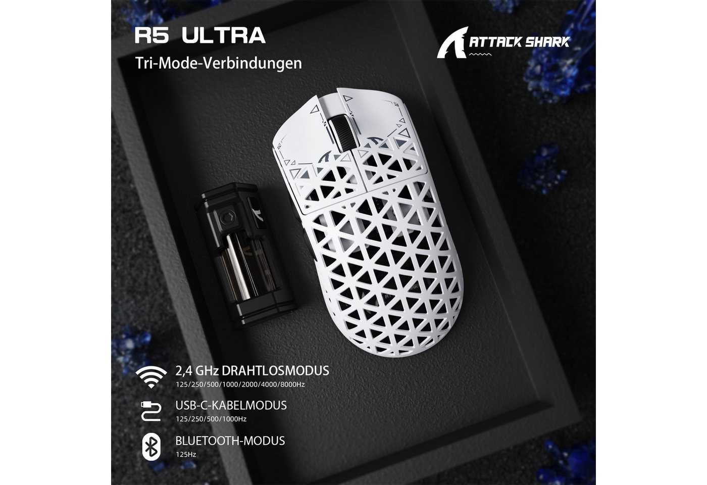 ATTACK SHARK R5 Ultra Carbonfaser Gaming-Maus,39g,8000Hz,42000 DPI,PAW3950MAX Gaming-Maus (2.4G, Bluetooth, kabelgebunden) – Bild 2 von 5