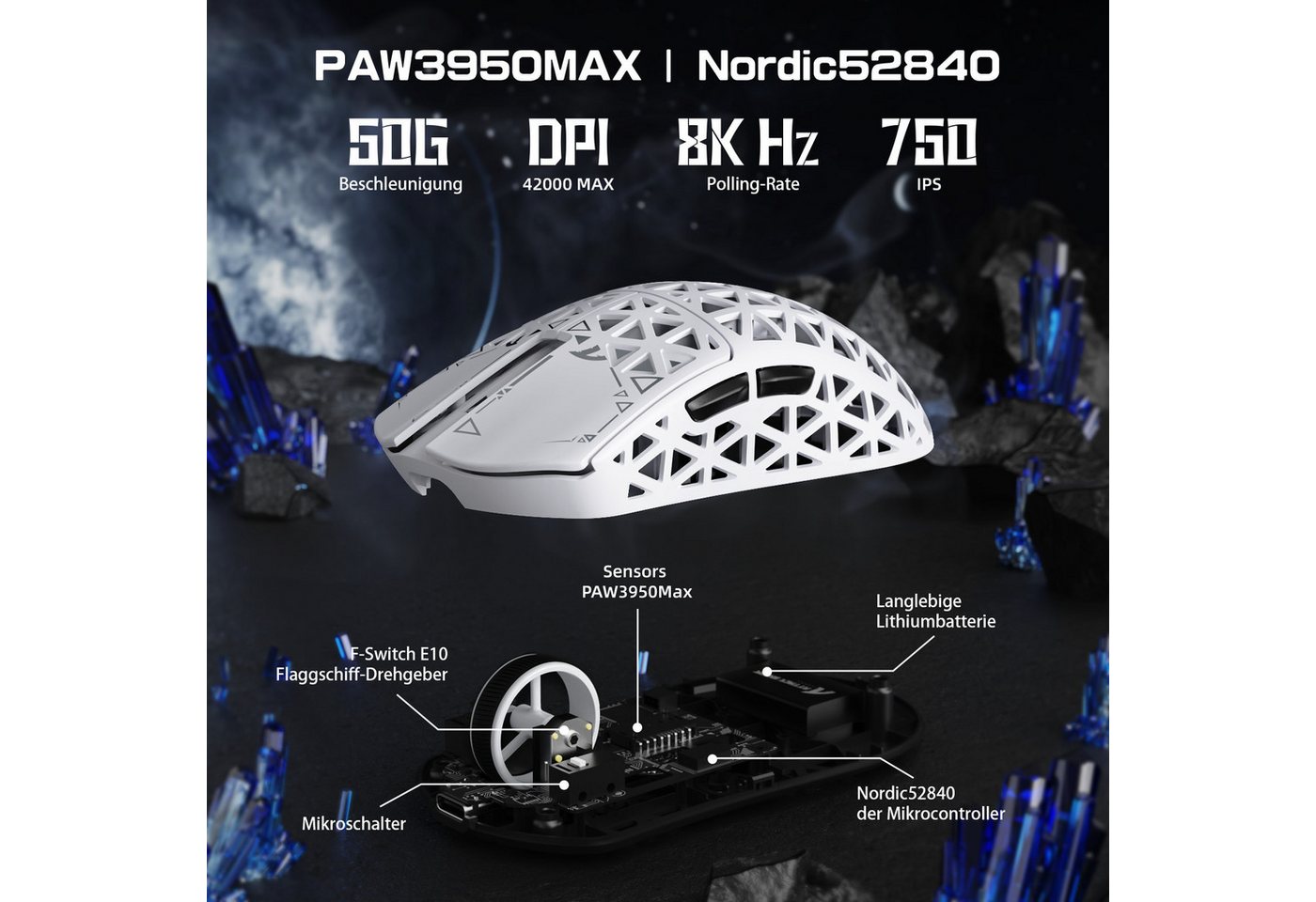ATTACK SHARK R5 Ultra Carbonfaser Gaming-Maus,39g,8000Hz,42000 DPI,PAW3950MAX Gaming-Maus (2.4G, Bluetooth, kabelgebunden) – Bild 5 von 5
