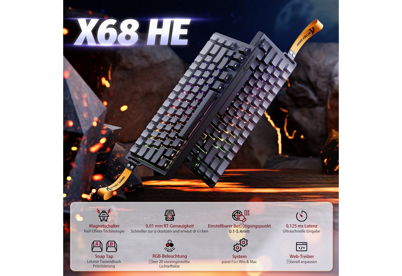 ATTACK SHARK X68 HE 8KHz Rapid Trigger Gaming-Tastatur, 0,01mm,RGB Gaming-Tastatur (Kabelgebunden Hall-Effekt Magnetische Tastatur) – Bild 2 von 5