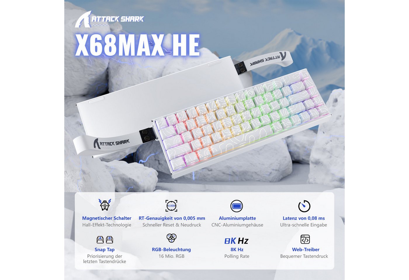 ATTACK SHARK X68MAX HE Rapid Trigger Gaming-Tastatur aus Aluminium Gaming-Tastatur (0.005mm RT,8000Hz,Hall-Effekt-Magnetschalter,Einstellbare Betätigung) – Bild 2 von 5