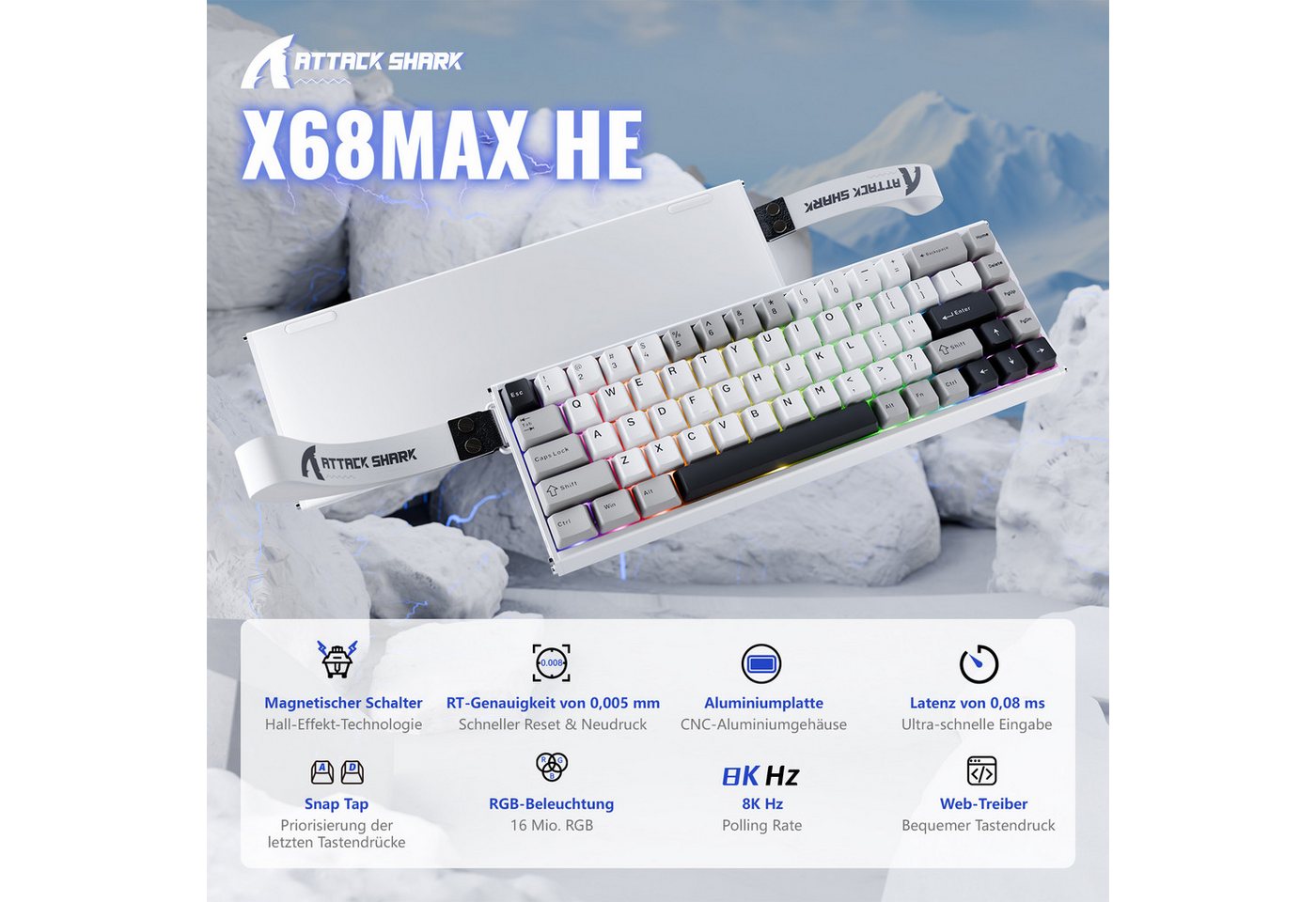 ATTACK SHARK X68MAX HE Rapid Trigger Gaming-Tastatur aus Aluminium Gaming-Tastatur (0.005mm RT,8000Hz,Hall-Effekt-Magnetschalter,Einstellbare Betätigung) – Bild 2 von 5