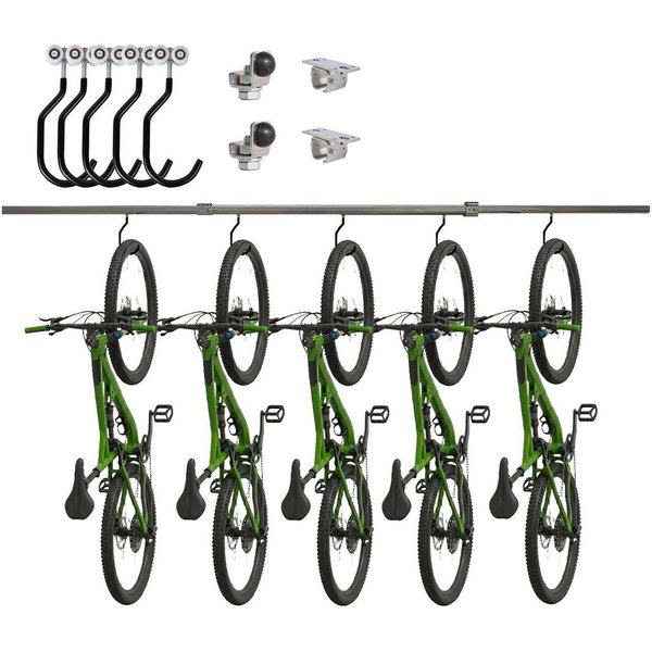 ATTAS Fahrradhalter Aufhängung Schiene, 5 Laufwagen mit Fahrradhaken, Verzinkter Stahl (Set, 1-2M Länge), Fahrradaufhängung