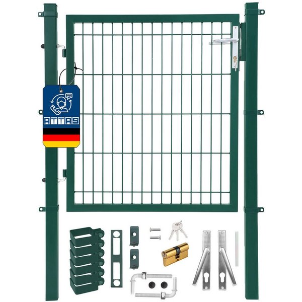 ATTAS Gartentor Metall Gartentür, (pulverbeschichtet, abschließbar mit Schloss & 3 Schlüsseln, Zauntor für Doppelstabmattenzaun, Hoftor, Zauntür), inkl. Schloss