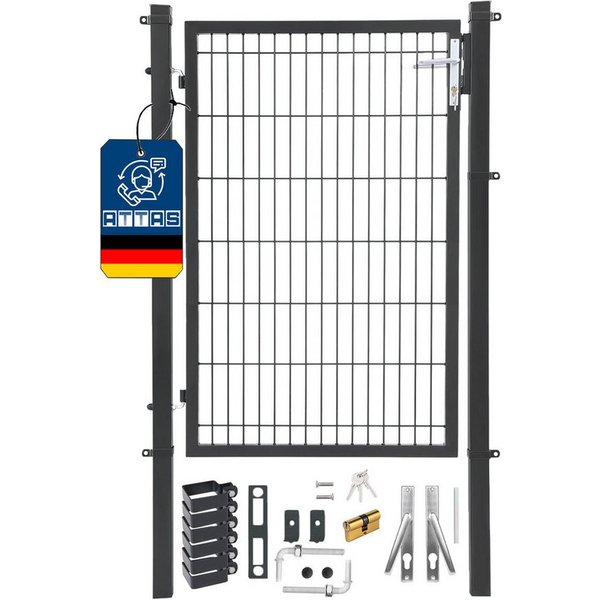 ATTAS Gartentor Metall Gartentür, (pulverbeschichtet, abschließbar mit Schloss & 3 Schlüsseln, Zauntor für Doppelstabmattenzaun, Hoftor, Zauntür), inkl. Schloss