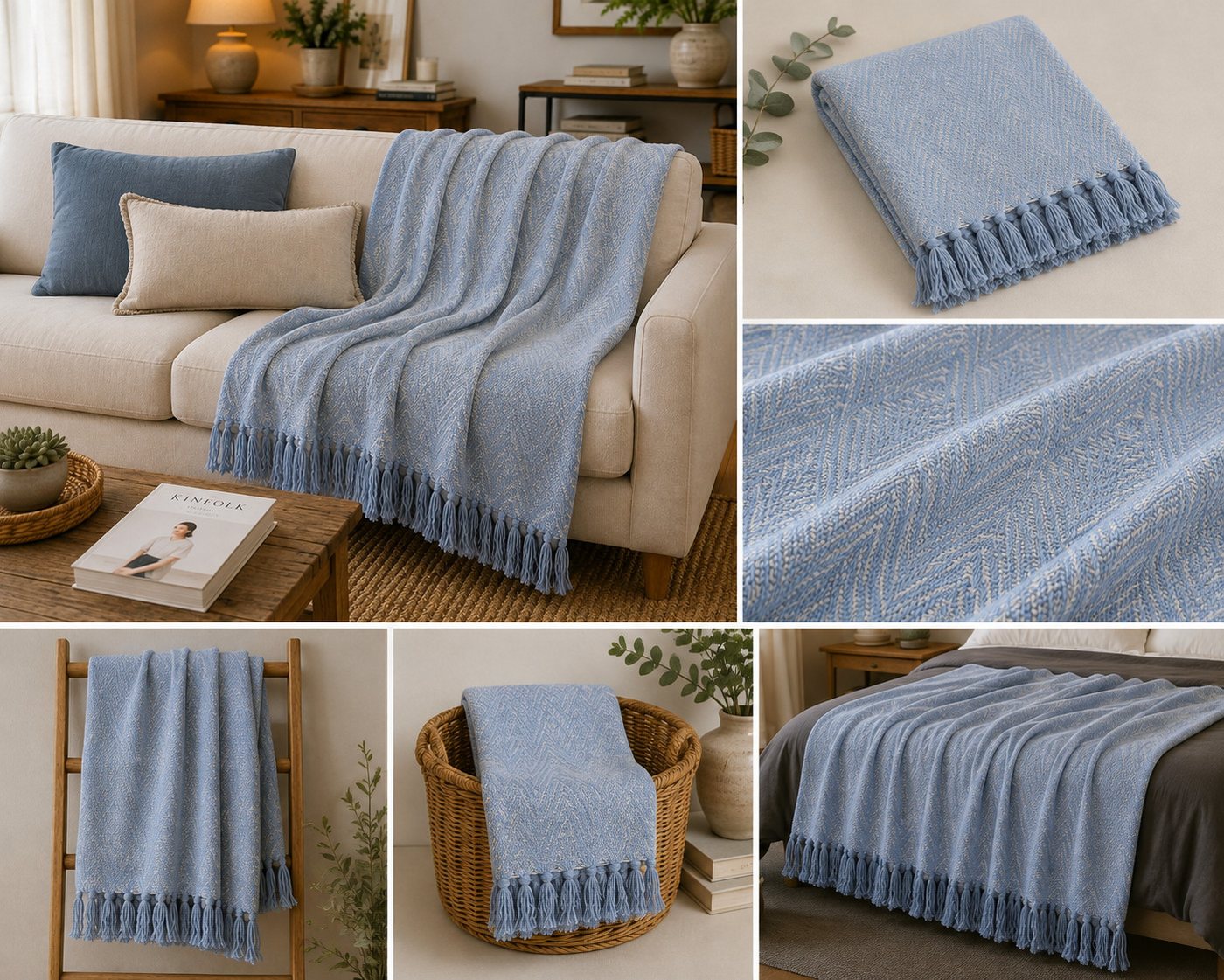 Wohndecke Light Blue/Natural, AU Maison, Stilvolle Baumwolldecke mit Fransen 130x180 cm – Bild 3 von 3