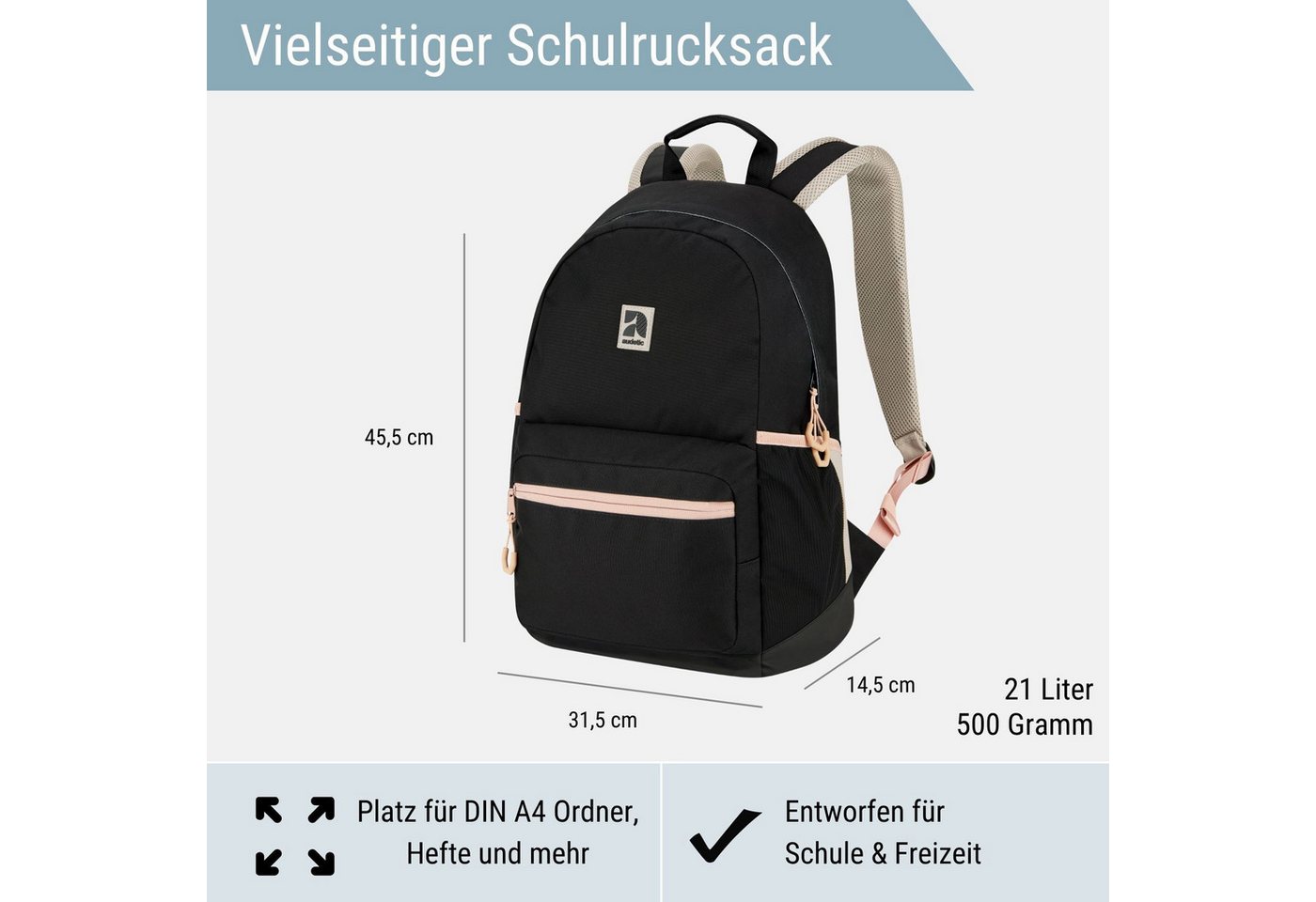 audetic Schulrucksack FLEX Rucksack Schule Schulrucksack Mädchen Jungen, Viele Fächer, Laptopfach, Wasserabweisend – Bild 2 von 5