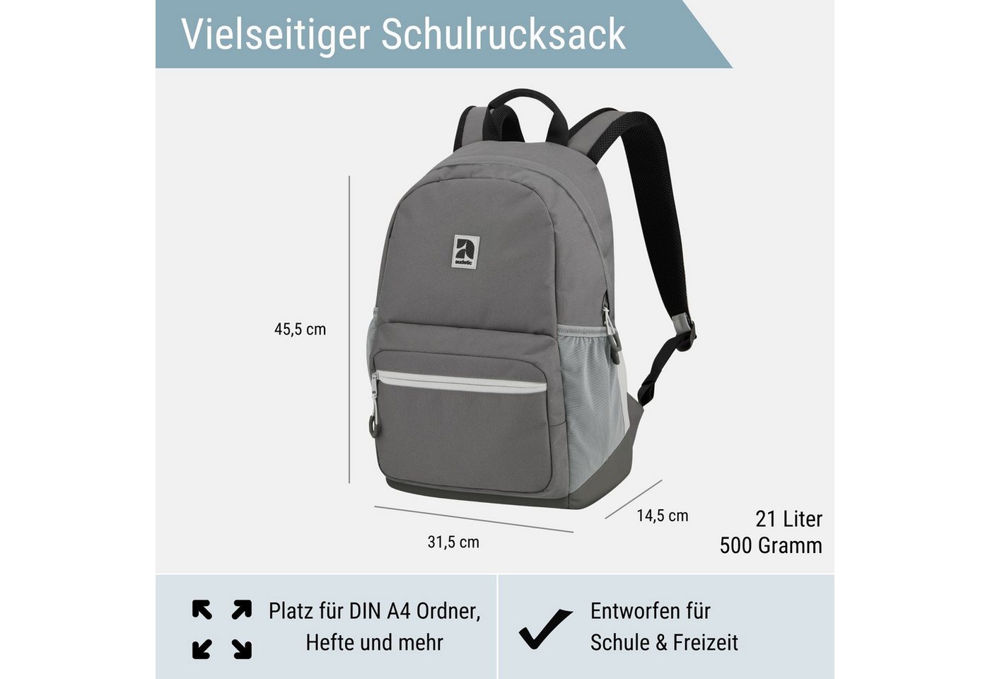 audetic Schulrucksack FLEX Rucksack Schule Schulrucksack Mädchen Jungen, Viele Fächer, Laptopfach, Wasserabweisend – Bild 2 von 5