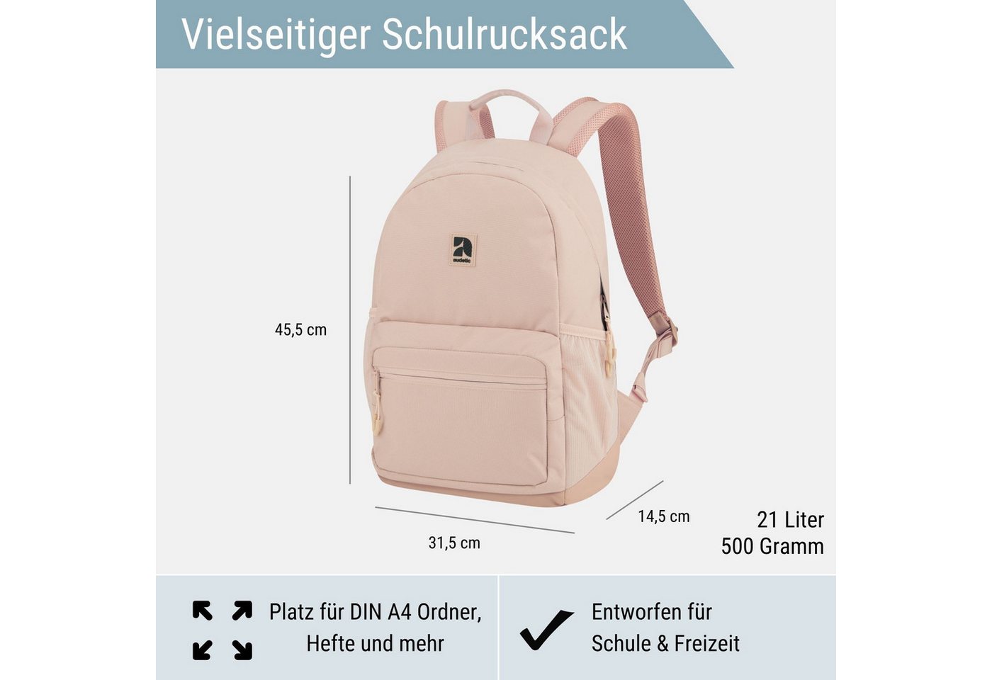 audetic Schulrucksack FLEX Rucksack Schule Schulrucksack Mädchen Jungen, Viele Fächer, Laptopfach, Wasserabweisend – Bild 2 von 5