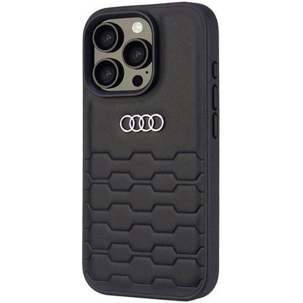 Audi Handyhülle iPhone 16 Pro Kunstleder schwarz Logo Metall 6,3 Zoll, Kantenschutz