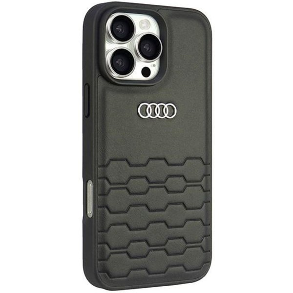 Audi Handyhülle iPhone 16 Pro Max Kunstleder schwarz Logo Metall 6,9 Zoll, Kantenschutz