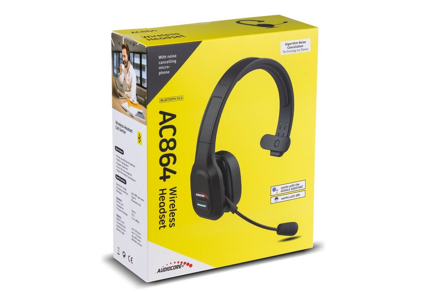 Audiocore AC864 Bluetooth Headset mit Noise Cancelling Mikrofon Wireless-Headset (Mono Bluetooth Headset mit flexiblem Mikrofon, Google Assistant, Siri, Bluetoo – Bild 2 von 5