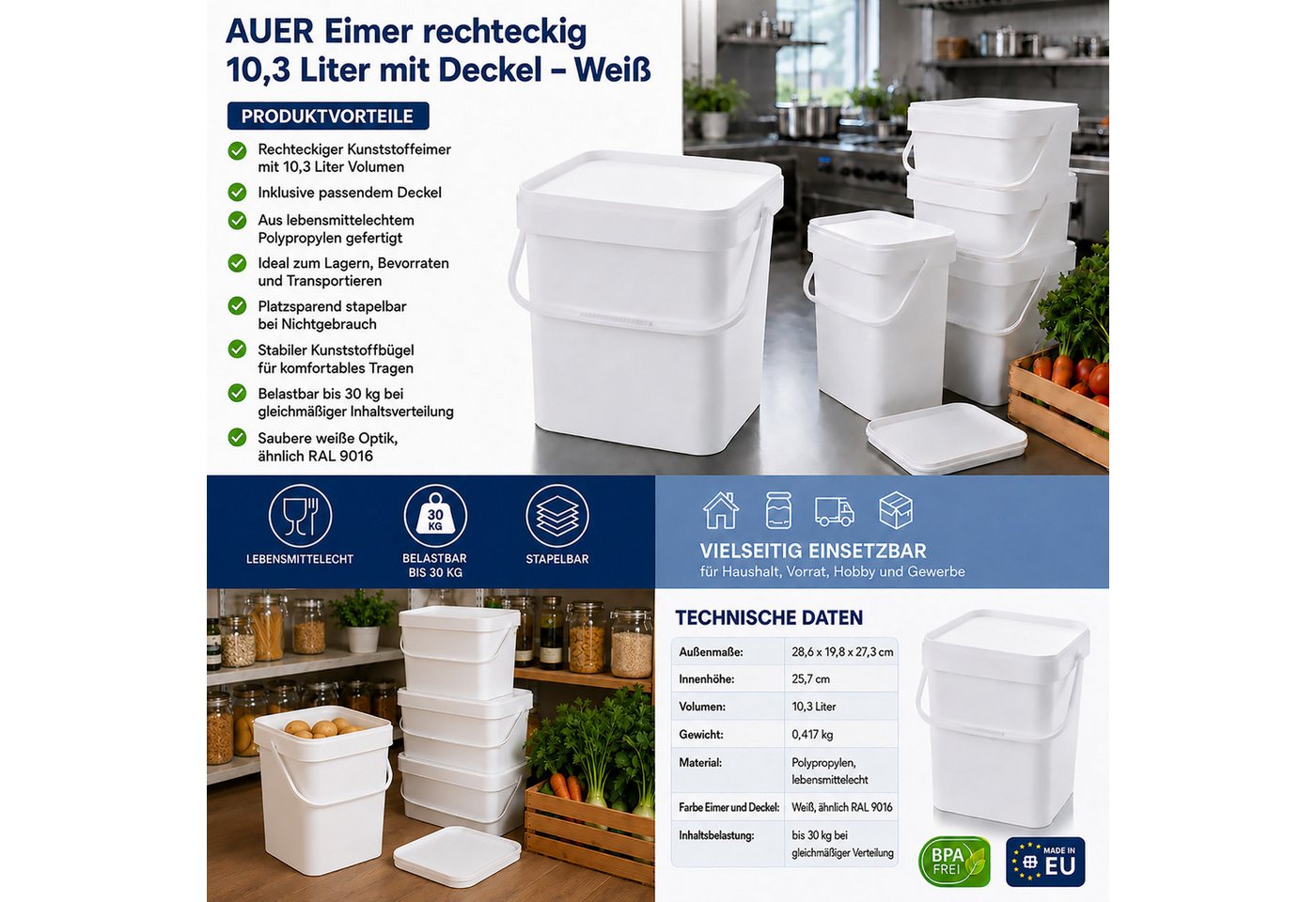 AUER Packaging GmbH Frischhaltedose AUER 10,3 Liter Eimer rechteckig mit Deckel 29 x 20 x 27 cm Weiß, Polypropylen, (1-tlg), lebensmittelecht – Bild 2 von 5