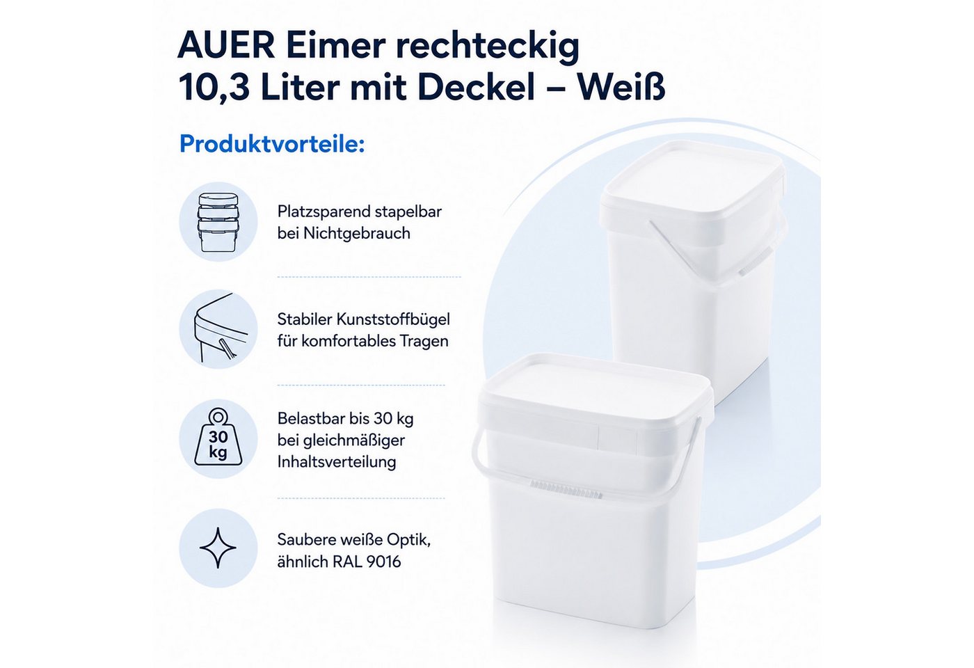 AUER Packaging GmbH Frischhaltedose AUER 10,3 Liter Eimer rechteckig mit Deckel 29 x 20 x 27 cm Weiß, Polypropylen, (1-tlg), lebensmittelecht – Bild 5 von 5