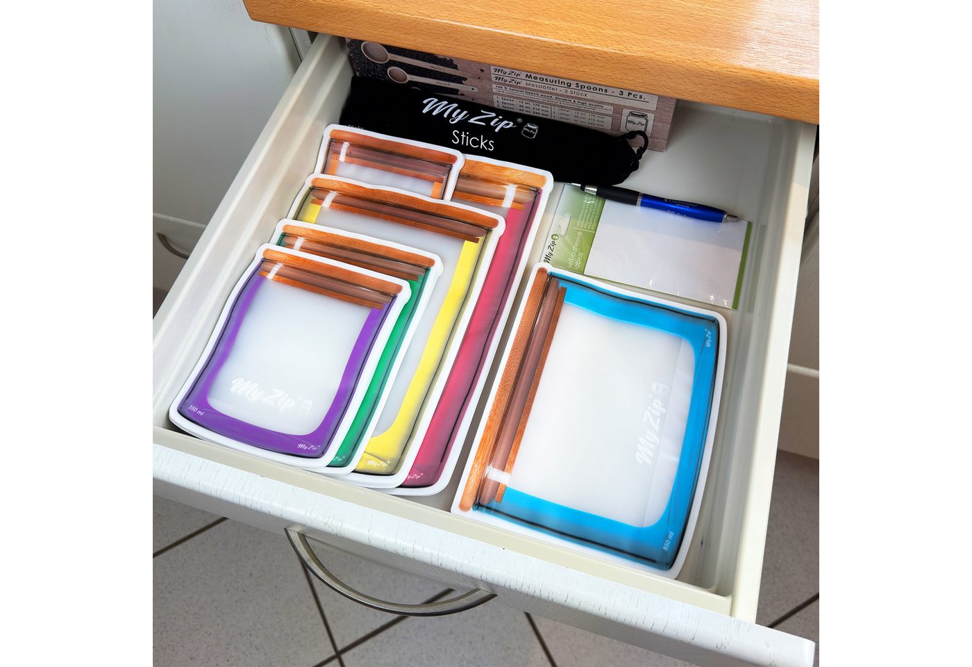 MYZIP Aufbewahrungssystem MyZip Beutel Bunte Edition: Wiederverwendbare Lebensmittelbeute, (Spar-Set, 18-tlg., Größen: S, M, Breit, L, Lang, XL, 350 ml bis 2700 – Bild 2 von 5