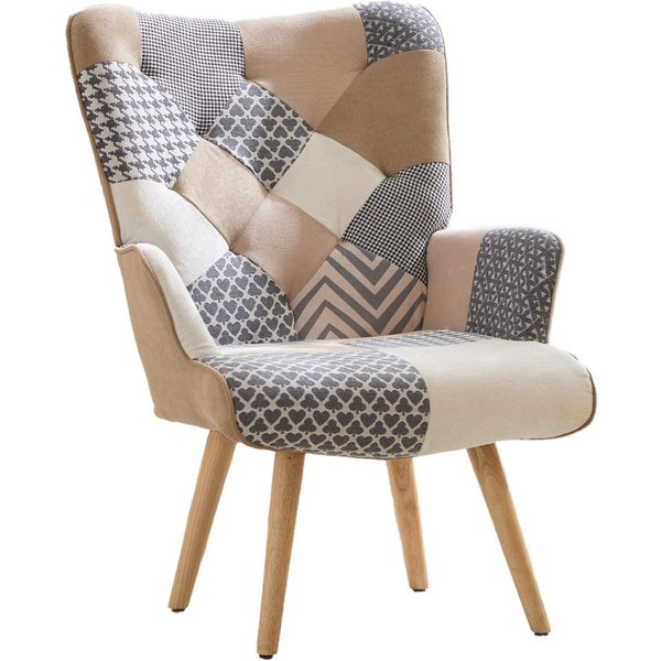 Aunekiv Sessel Patchwork-Sessel Ohrensessel aus Leinen mit Massivholz-Füßen (1-St), Relaxsessel für Wohnzimmer, Schlafzimmer & Leseecke