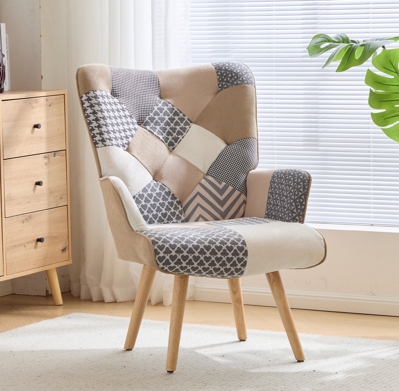 Aunekiv Sessel Patchwork-Sessel Ohrensessel aus Leinen mit Massivholz-Füßen (1-St), Relaxsessel für Wohnzimmer, Schlafzimmer & Leseecke – Bild 3 von 5