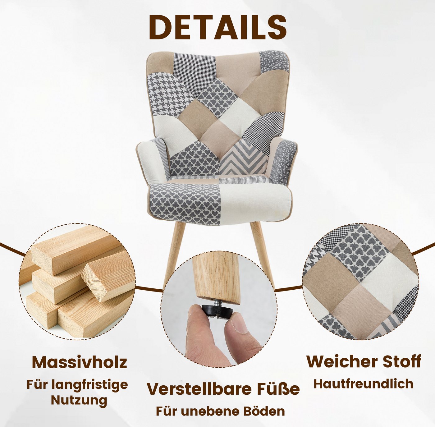 Aunekiv Sessel Patchwork-Sessel Ohrensessel aus Leinen mit Massivholz-Füßen (1-St), Relaxsessel für Wohnzimmer, Schlafzimmer & Leseecke – Bild 4 von 5