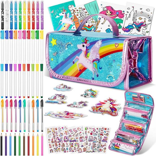 Auney Buntstift Malset Kinder Einhorn Malkoffer Federmäppchen 60 Teile Set, (Malset Kinder Einhorn mit Stiften Malbuch und Zubehör 60 Teile, 60-tlg., Kinder Mal