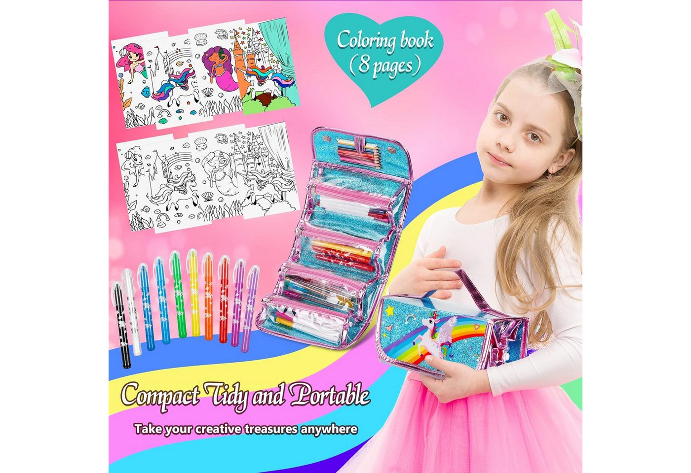 Auney Buntstift Malset Kinder Einhorn Malkoffer Federmäppchen 60 Teile Set, (Malset Kinder Einhorn mit Stiften Malbuch und Zubehör 60 Teile, 60-tlg., Kinder Mal – Bild 2 von 5