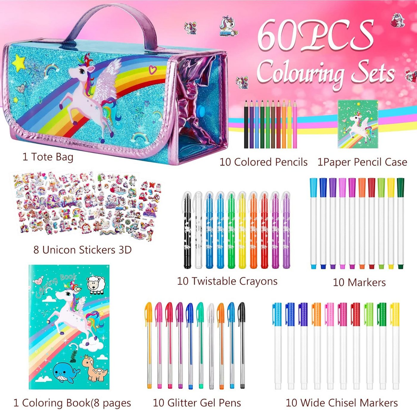 Auney Buntstift Malset Kinder Einhorn Malkoffer Federmäppchen 60 Teile Set, (Malset Kinder Einhorn mit Stiften Malbuch und Zubehör 60 Teile, 60-tlg., Kinder Mal – Bild 5 von 5