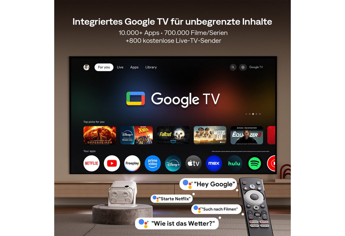 Aurzen BOOM Mini Smart Projektor mit Google TV, 4K Unterstützt Beamer (1000:1, Native 1920x1080 px, 500 ANSI lm, 20W Dolby Audio, Echtzeit-Autofokus und Trapezk – Bild 2 von 5