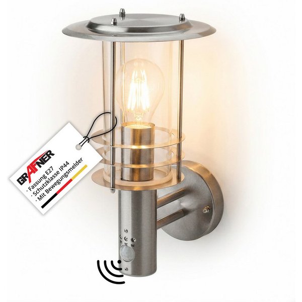 Grafner Außen-Wandleuchte Grafner® Edelstahl Hofleuchte mit Bewegungsmelder für Innen & Außen, ohne Leuchtmittel, ohne Leuchtmittel, für Terrasse Balkon Hauswan