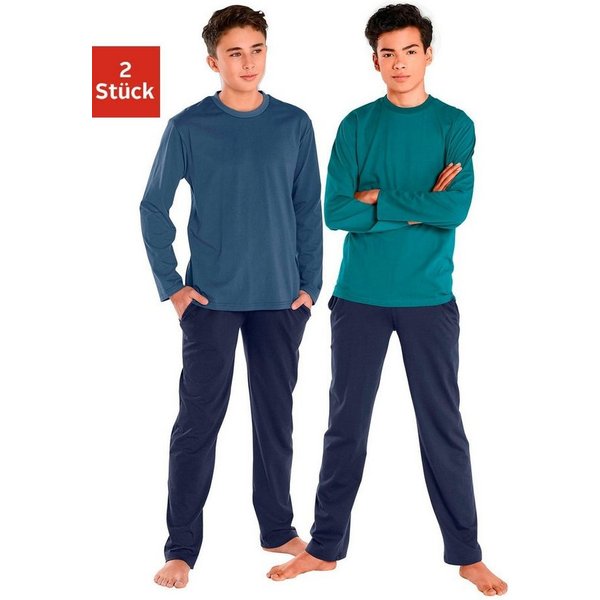 AUTHENTIC LE JOGGER Pyjama (4 tlg., 2 Sets) langer Schlafanzug, unifarben, aus Baumwolle