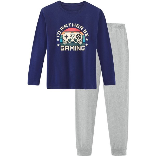 AUTHENTIC LE JOGGER Pyjama (Packung, 2 tlg., 1 Set) langer Schlafanzug, unifarben mit Gaming-Print, aus Baumwolle